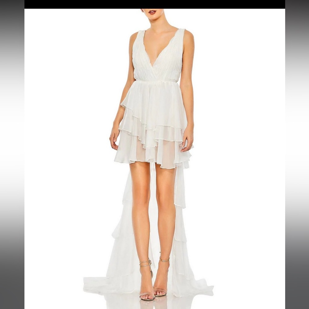 NWT Ieena Mac Duggal 55320 Double V Neck Built in Bodysuit Hi Low Tiered Gown 0